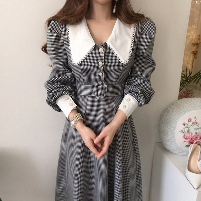 

Korean Chic Temperament Single-breasted Lapel Plaid Dress Sashes Slim High Waist Puff Long Sleeve Vestido Feminino Elegant Fall