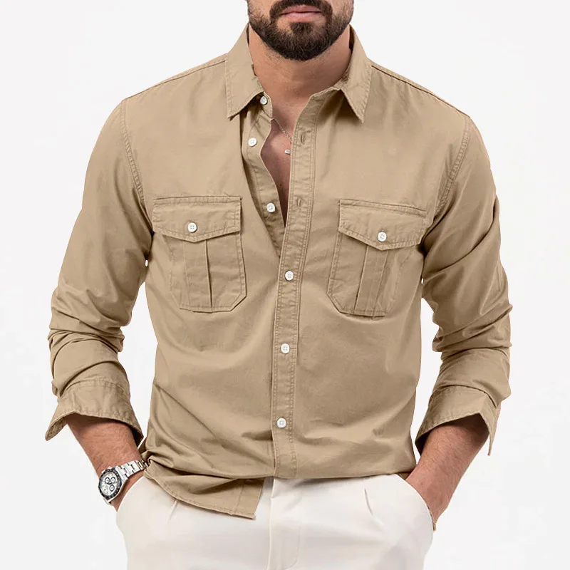 

2024Men's outdoor shirt Men's multi-pocket cargo casual shirt good quality men's large size solid long sleeve shirt