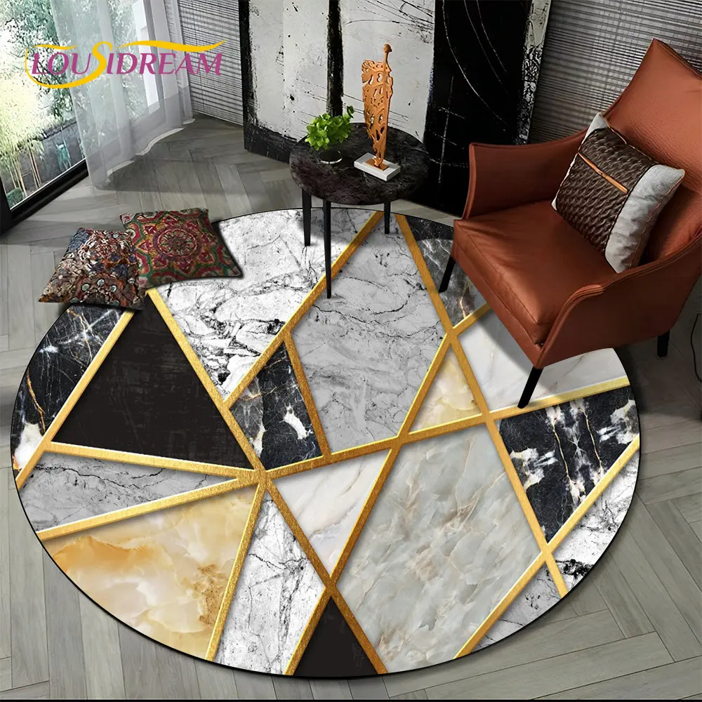 Bstract Geometry Marble Color Gold Round Area Rug, Circle Carpet for Living Room Bedroom Sofa Decor, Kids Floor Mat Kitchen Mat