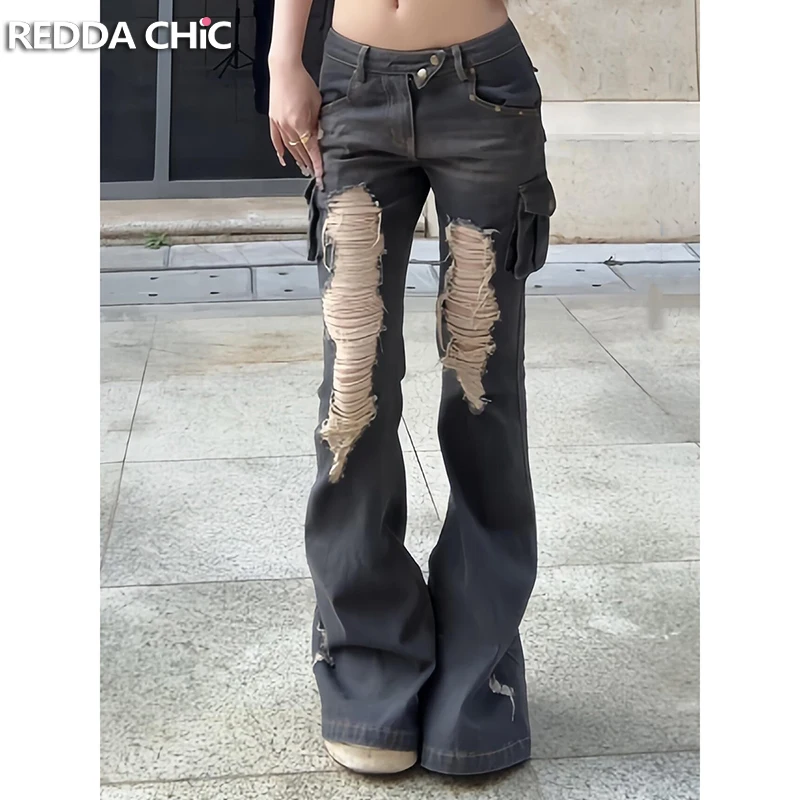 

ReddaChic Double-button Low Rise Women Flare Jeans Bell Bottoms Holes Destroyed Low Rise Rivets Denim Pants Retro Y2k Streetwear