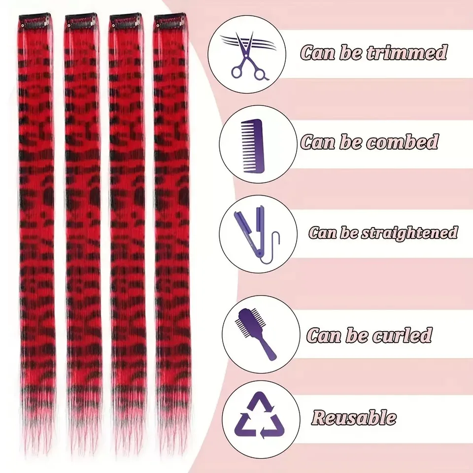 3 piezas de extensiones de cabello sintético con clip, rayas de colores, largas y lacias, para uso diario, fiesta o Halloween 4