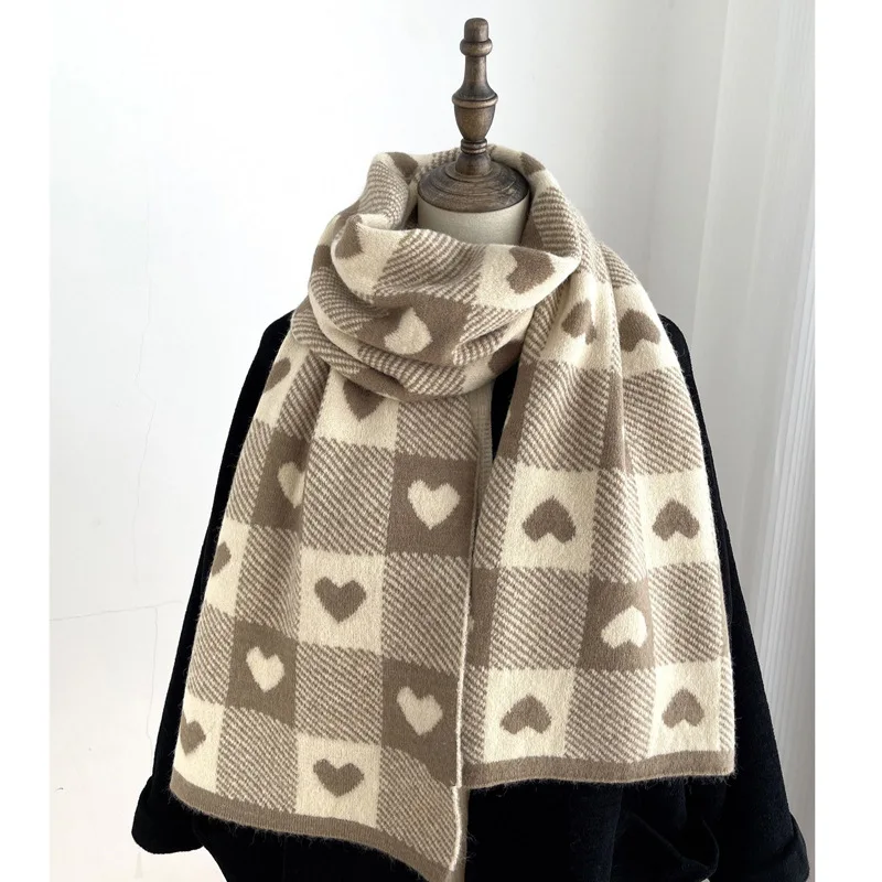 Knitted Scarf Love Heart Scarf Black White Plaid Scarf Thickened Warm Winter Women\'s Scarves Christmas New Year Gifts