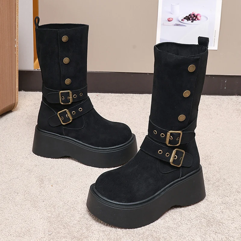 منتصف العجل النساء الأحذية أحذية منصة مسطحة تشيلسي الأحذية 2025 الشتاء مشبك أحذية مشي غير رسمية الجلد المدبوغ الثلوج بوتاس موهير Zapatos