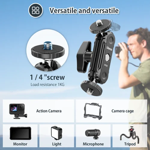 Imagen 2 del producto Ulanzi-Cabezal de bola doble de Metal R102, montaje de tornillo de 360 ° y 1/4 pulgadas, soporte de brazo mágico para montaje de cámara DSLR, Monitor de vídeo, micrófono de luz