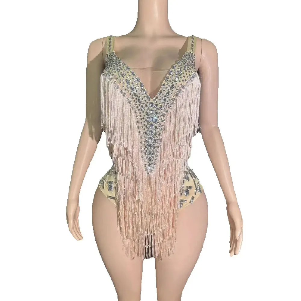 

Блестящие стразы, красно-зеленый боди с кисточками, женский сексуальный комбинезон с v-образным вырезом, танцевальный костюм на день рождения, сценическая одежда для фотосессии