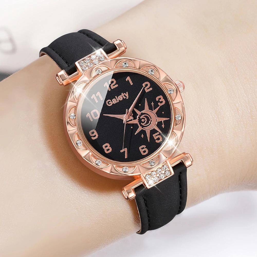 1PCS Simple Luxury Sun Element Leather Strap Watch Black Casual Fashion Quartz Watch Is The Perfect Gift For Her (No Box)