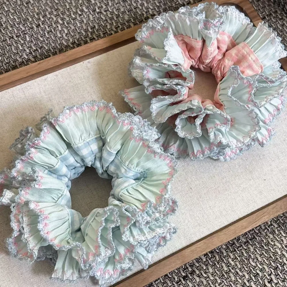

Trendy Elastic Plaid Scrunchies Sweet Korean Style Large Lace Hair Tie Hair Rope Multilayer Exaggerated Hair Ring Lady