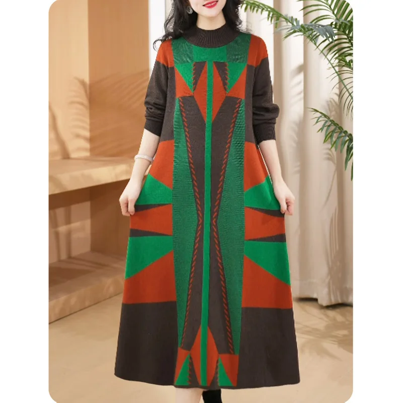 Women Elegant Casual Commute O-neck Knit Dress 2024 Autumn Winter Thick Warm Striped Jacquard Wool Pullover Dresses