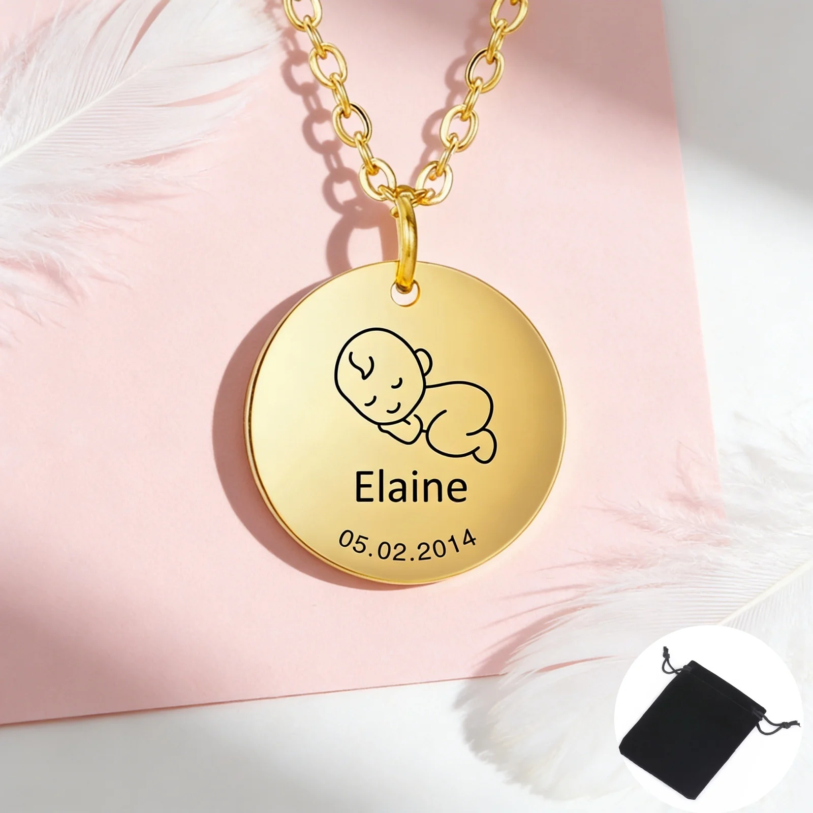 Customized Name Date Round Pendant Necklace, Stainless Steel Gift