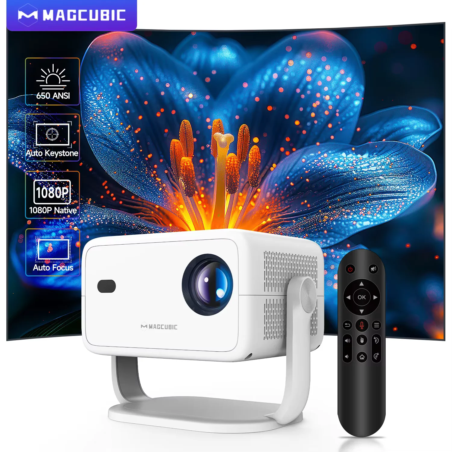 Magcubic L018 360° Projector 650ANSI 8K Android 14 Native 1080P with Auto Keystone Focus Wifi6 BT5.4 Portable Outdoor