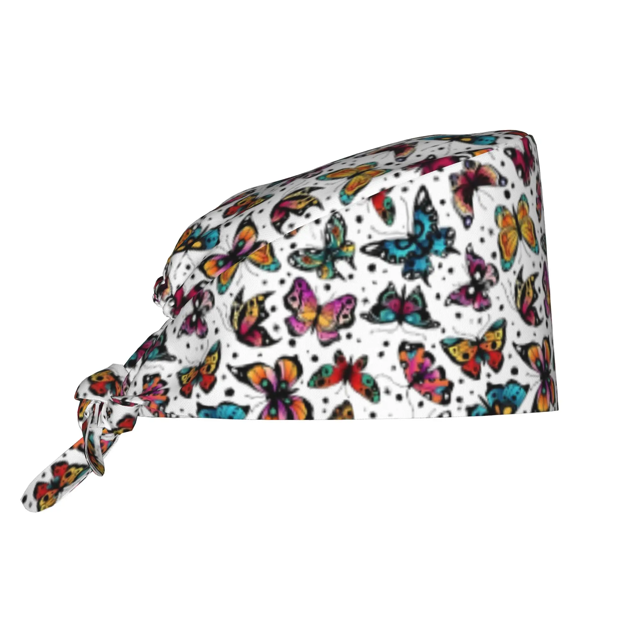 Adjustable Funny Colourful Butterfly Printed  Working Hat Women Men  Surgical Hat Scrub Nursing Doctor Surgeon Cap for Chef