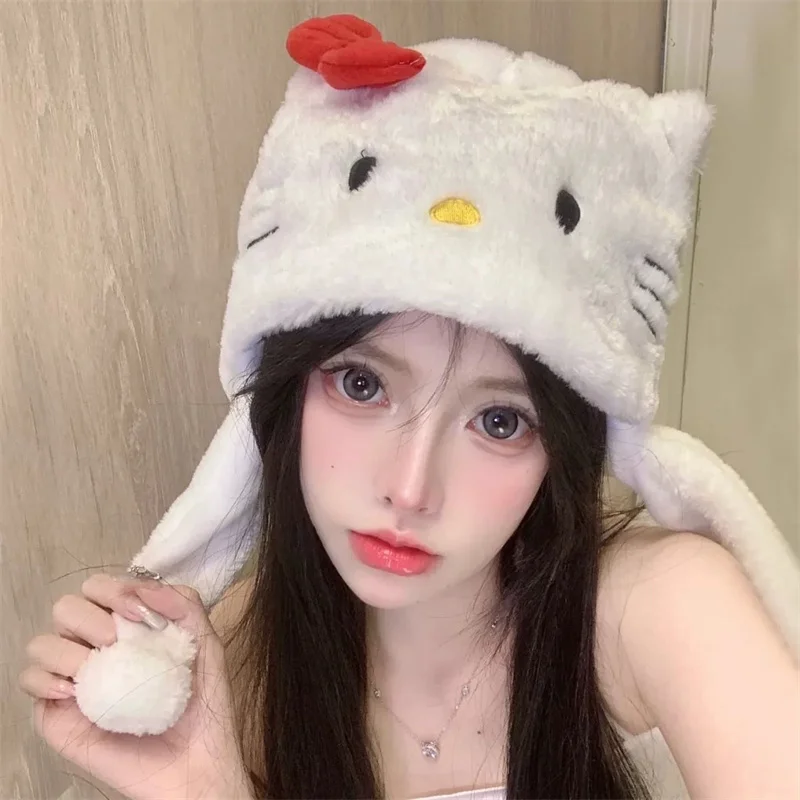 Kawaii KT Cat Winter Plush Cap Cute Cartoon Hello Kitty Pullover Hat Thickened Warm Ear Protection Riding Hat For Girl Gifts