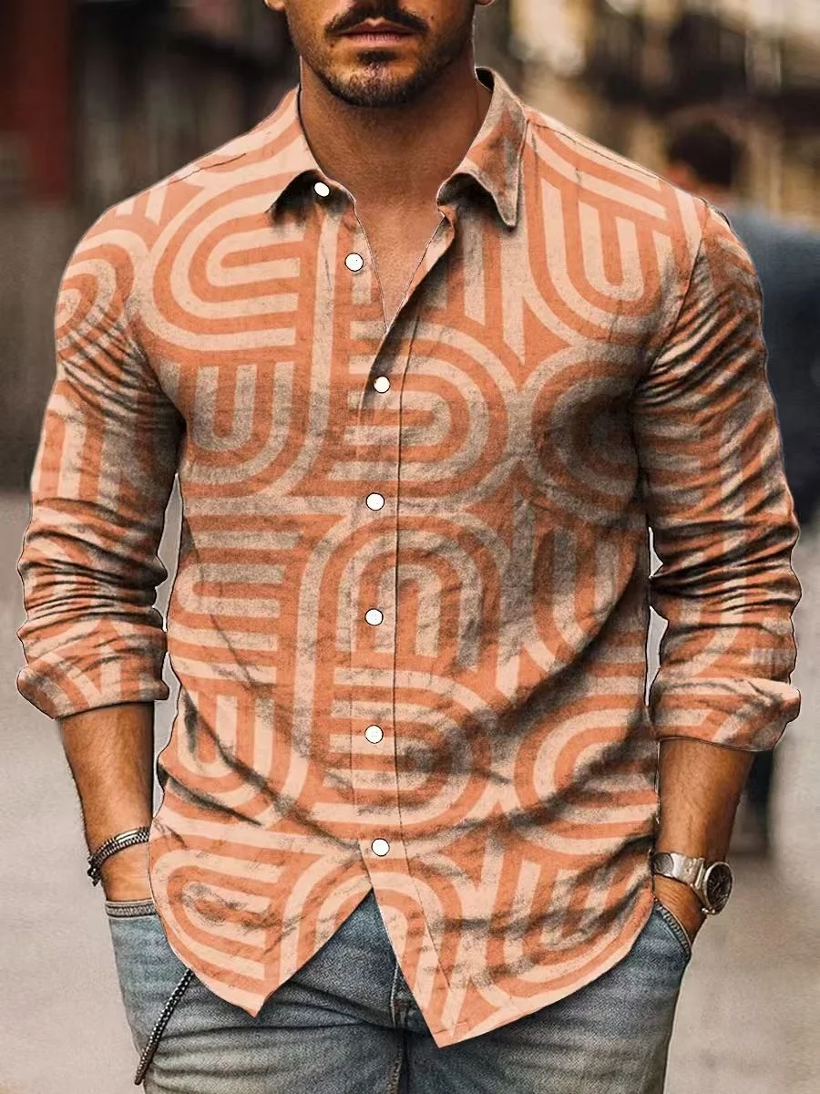 قميص رجالي بأكمام طويلة بطباعة هندسية، قميص أنيق بياقة بأزرار سفلية، مناسب للترفيه والعطلات في الهواء الطلق #2