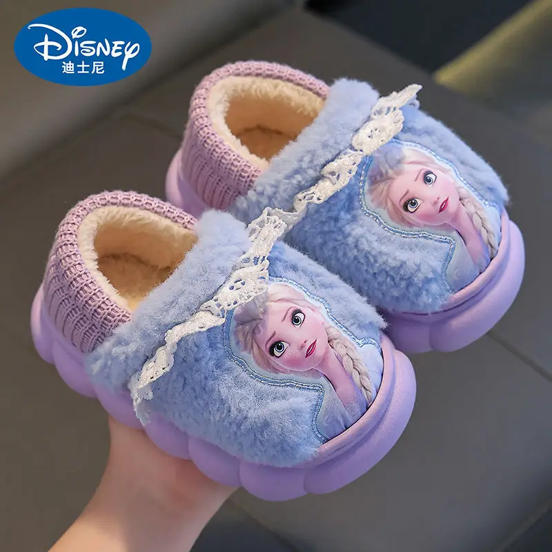 Disney Princess Elsa Cartoon Cotton Home Slippers for Girls Frozen Winter Indoor Warmth Non slip Children\'s Plush Shoes Size 36