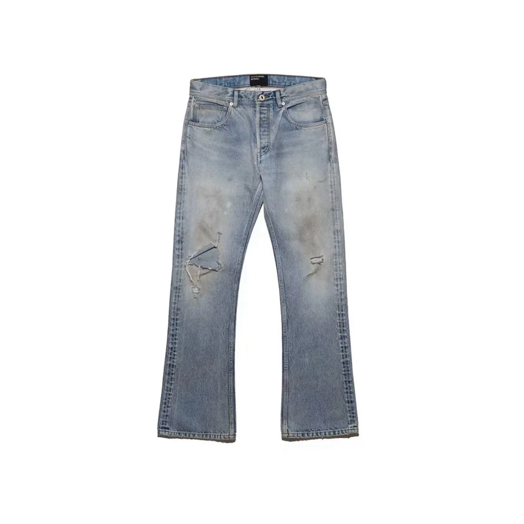 26ss Men Vintage Light Wash Distressed Flare Jeans Mid Waist Ripped Hole Faded Denim Pants Retro Streetwear Bootcut Trousers