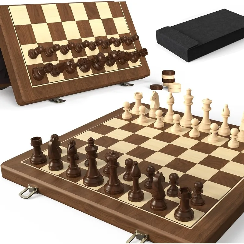 Wooden Folding Chess & Checkers Set- 2 in 1 Board Game with 3