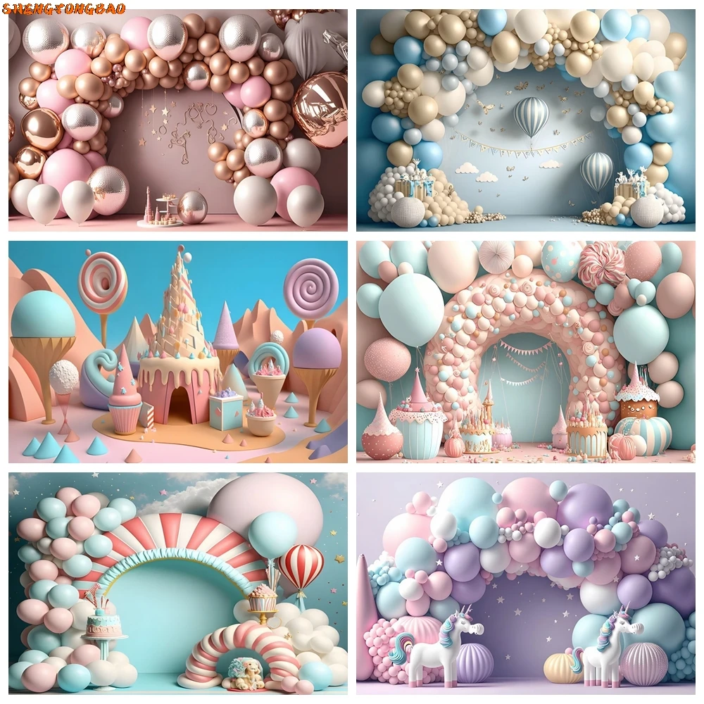 

Candy Colorful 3D Balloon Arch Backdrops Princess Castle Baby Birthday Party Cake Smash Decor Photography Background Photo Props