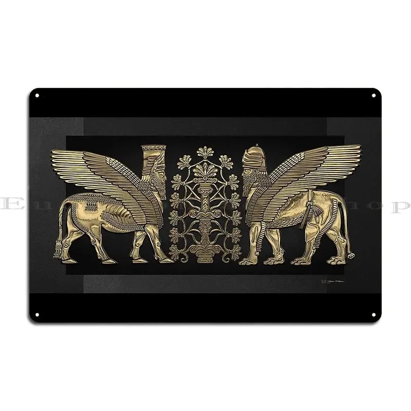 Gold Assyrian Winged Lion And Winged Bull Lumasi Metal Signs Garage Wall Decor Classic Printed Wall Plaque Tin Sign Poster