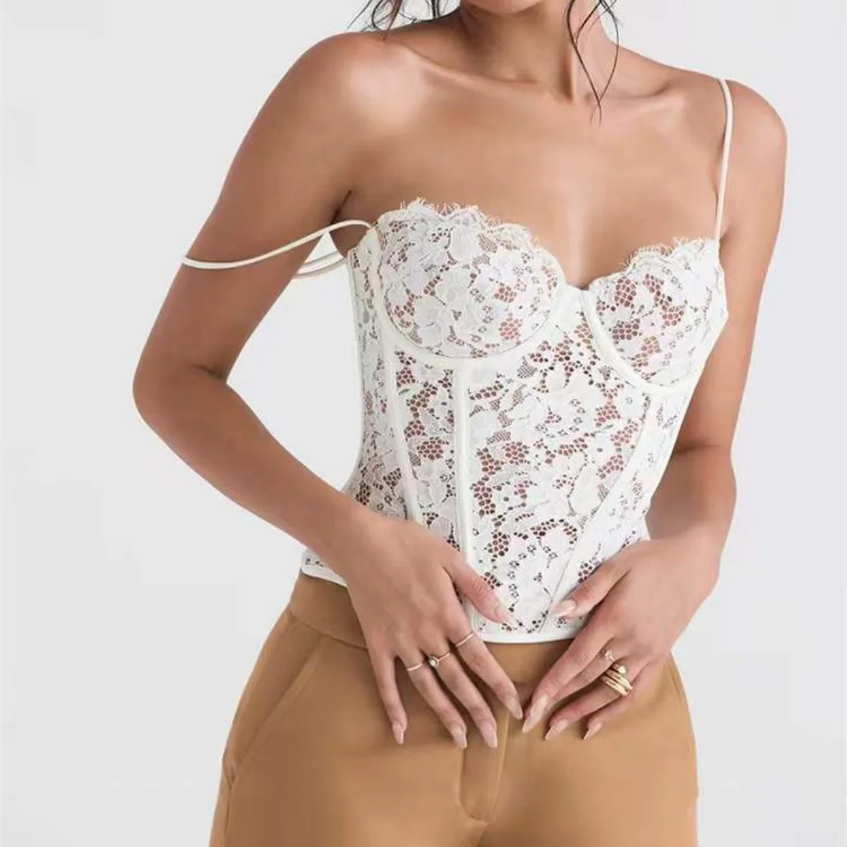 Lace Mesh Sleeveless Corset Bra Tops Sweetheart Party Gown Sexy Bridal Wedding Gown Outfits 2025 Summer French Elegant Women Top