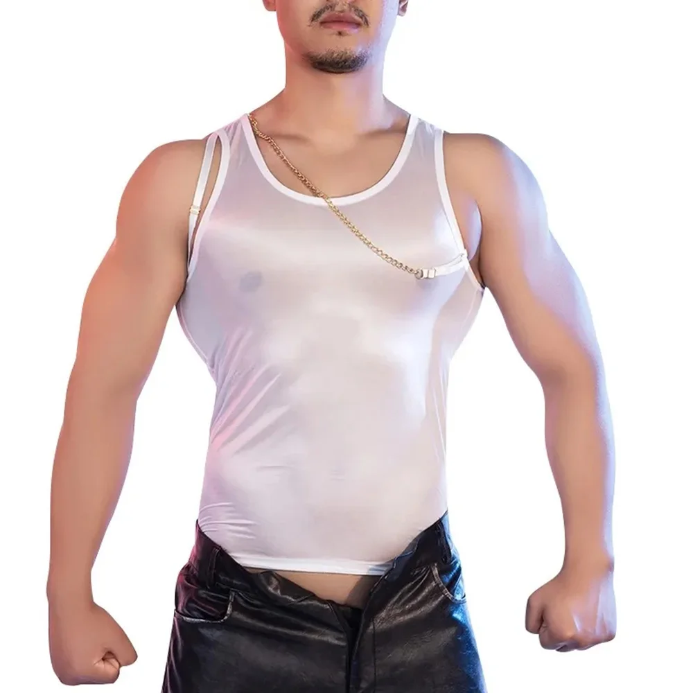 

Mens Vest Tight Metal Chain Tank Top Summer Translucent Sexy Skin Friendly Silk Smooth Breathable Fitness Muscle Men's Clothing