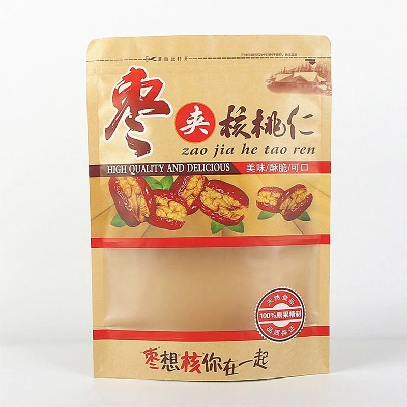 500g Red Date Walnut Nutritional Supplement Self-standing Zipper Window Kraft Paper Packaging Bag for Gift Packaging