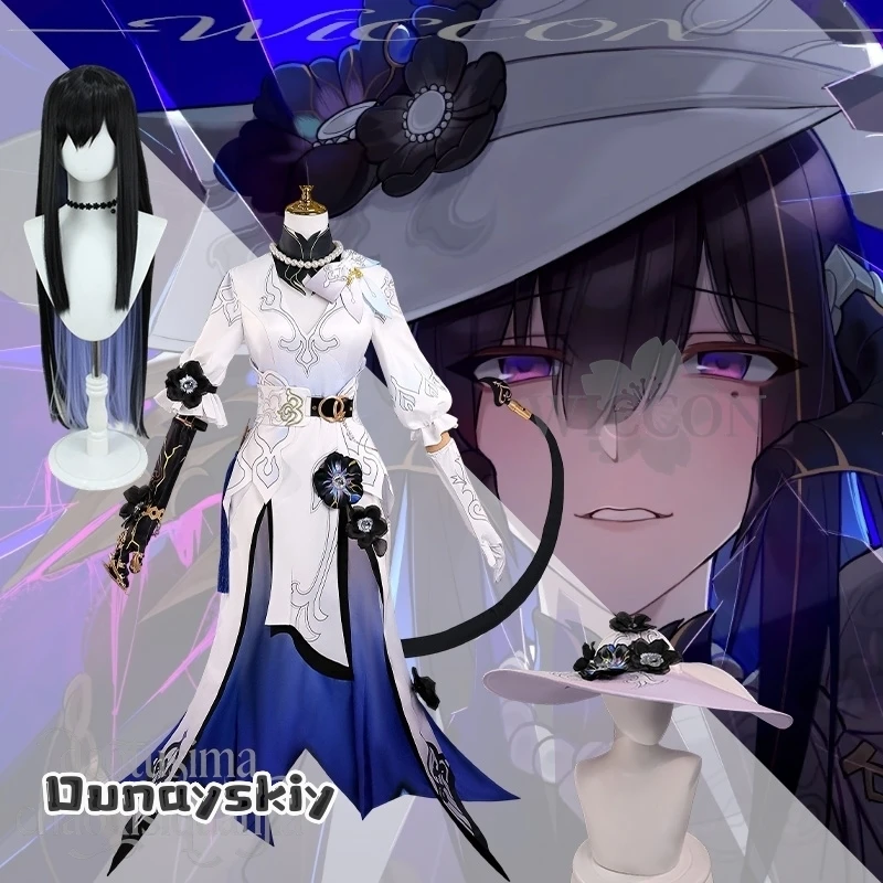 Amanda Cos @ Constance Cosplay Anime juego Honkai:Star Rail el disfraz de Dahlia vestido largo con abertura traje Sexy sombrero grande Succubus Halloween