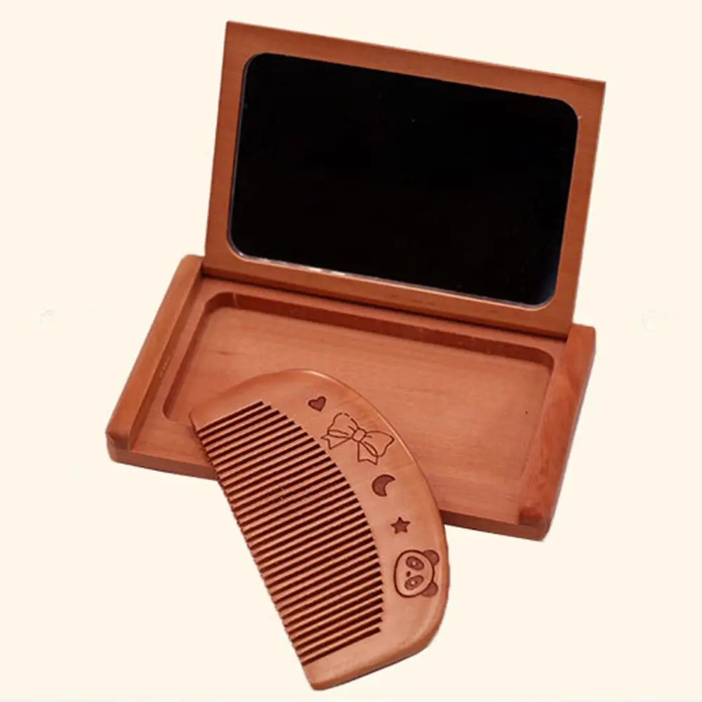 Juego de espejos de peine de madera duraderos 2 en 1, Mini espejo plegable portátil de madera de melocotón, diseño tallado, espejo de maquillaje de mano para chica y mujer