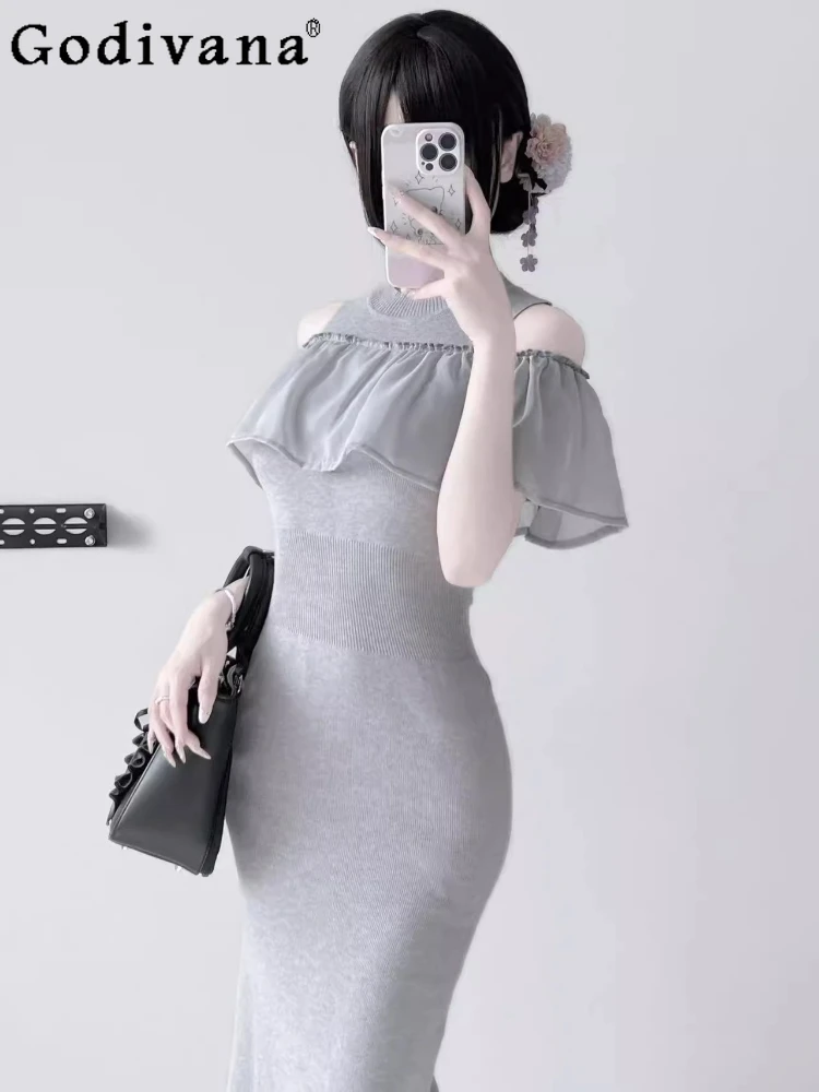 

Original Japanese Style Mine Gray Knitted Long Mermaid Dress Autumn New Women's Slim Fit Elegant Off-Shoulder Sexy Knitted Dress