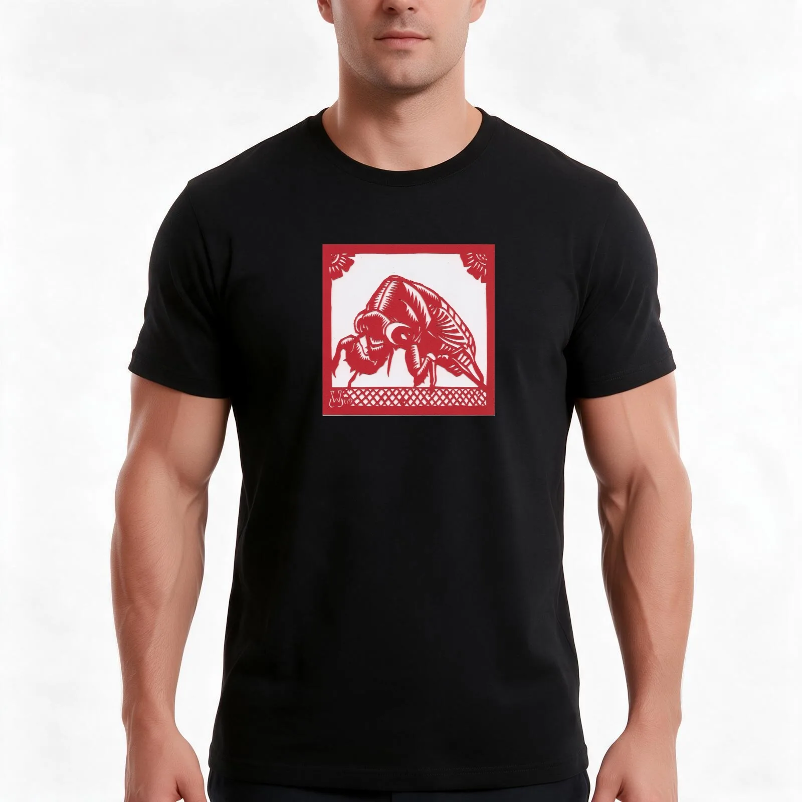 A Cicada paper cut T-Shirt, Summer Casual Cotton Tee, Oversized Streetwear Tops, Vintage Graphic Print, Loose Fit Short Sleeve