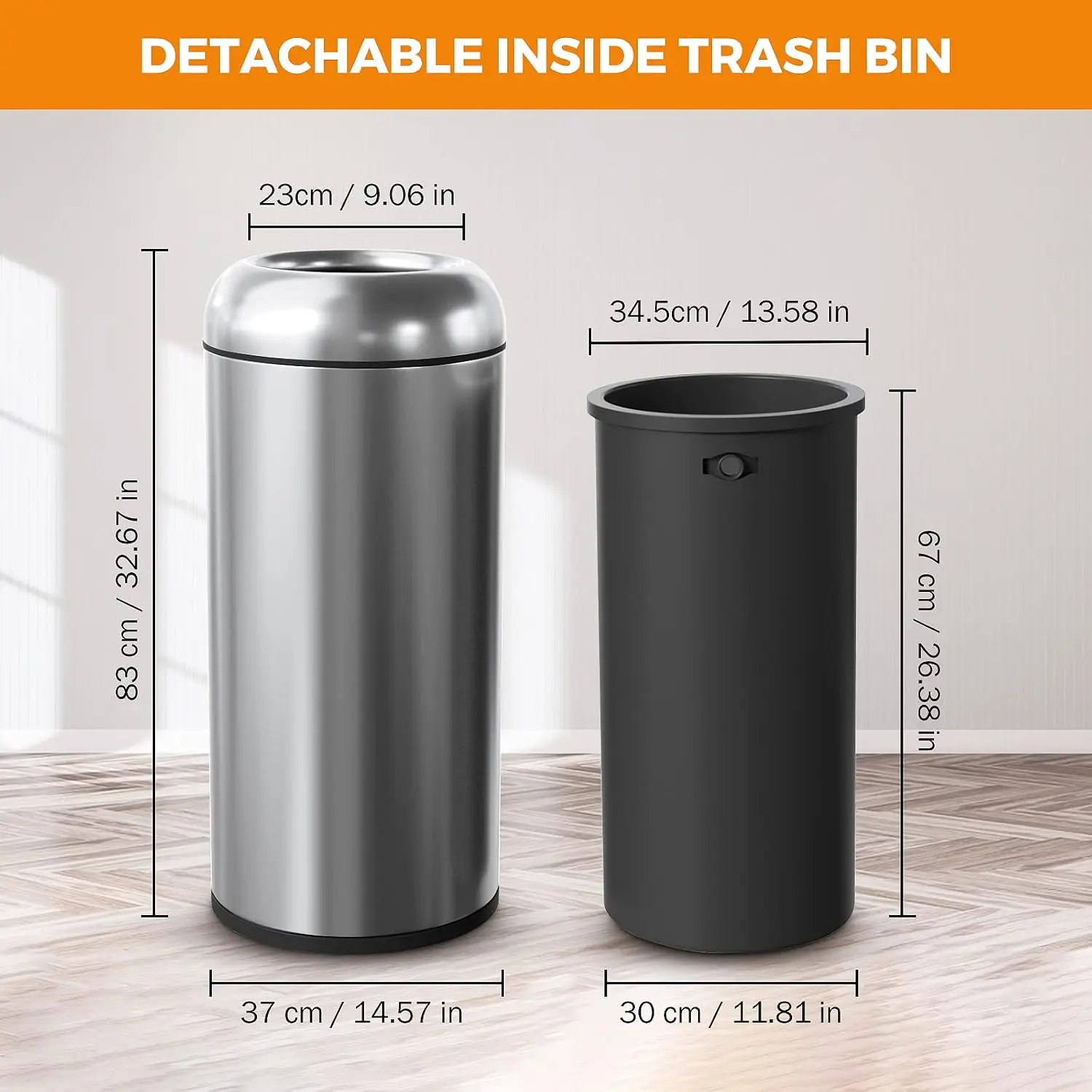 16.5Gal Open Top Trash Can, Stainless Steel, Metallic Black | 16.5 Gallon, with Lid, Outdoor Indoor Commercial Industrial