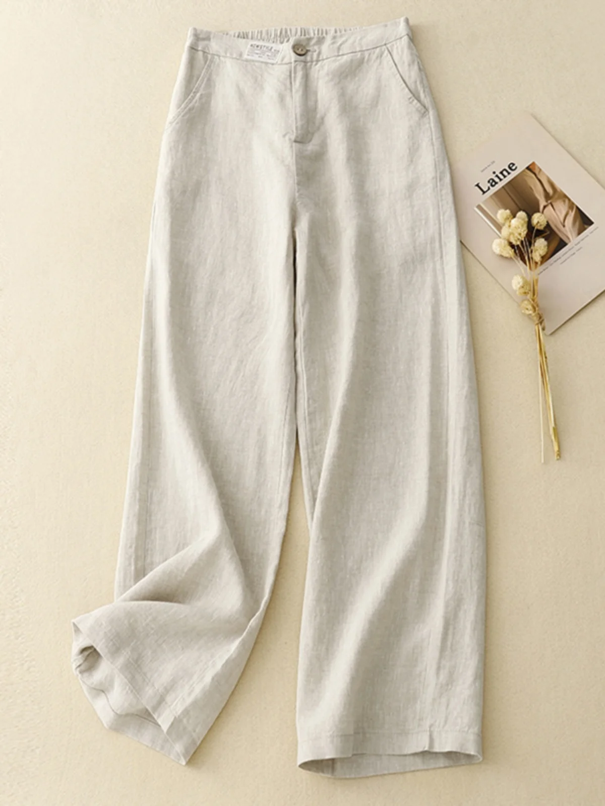 ارتفاع الخصر واسعة الساق القطن الكتان السراويل النسائية رقيقة تنوعا ثنى التخسيس عارضة الكتان مستقيم الساق السراويل #1