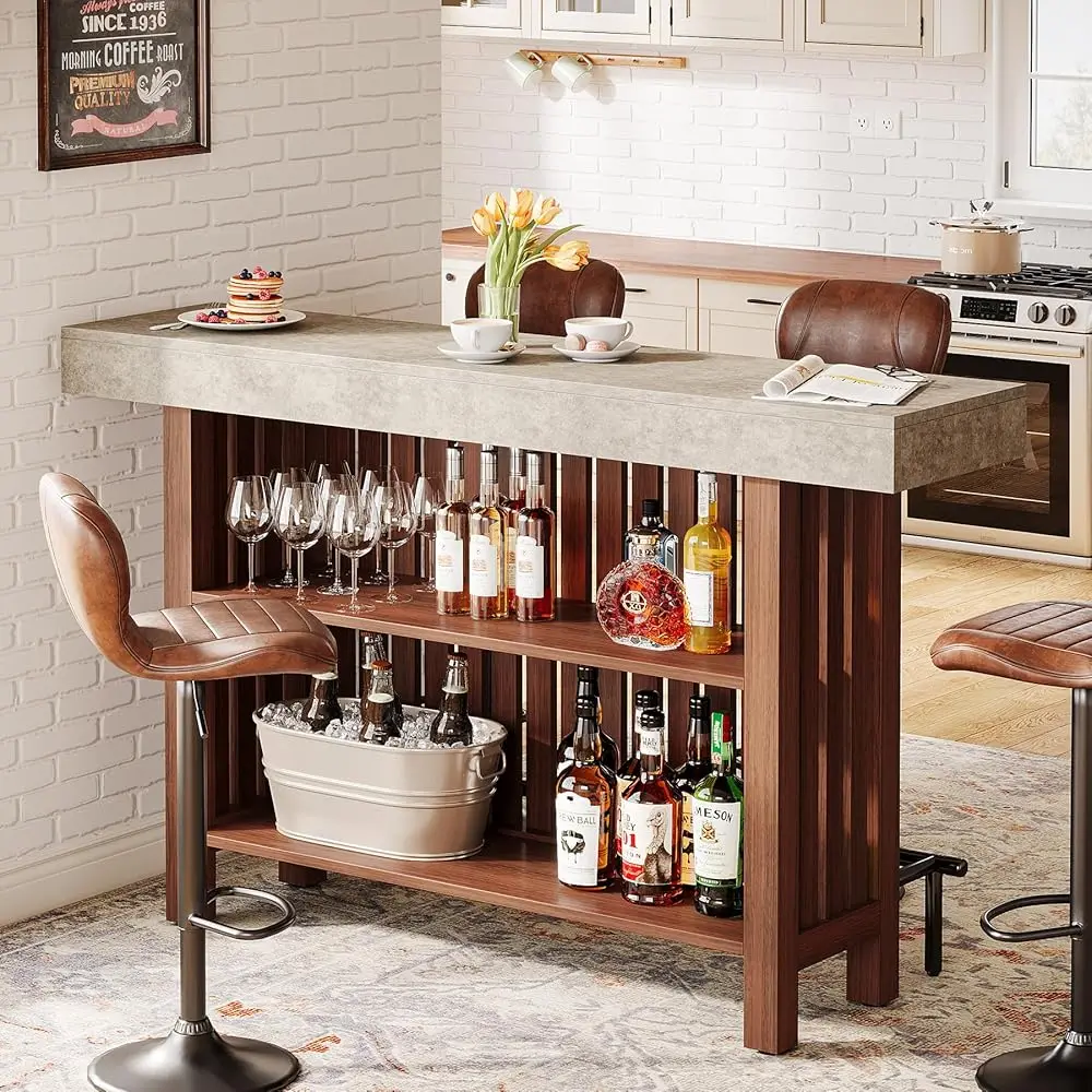 63-Inch Large Home Bar Unit, 2-Tier Mini Bar Table Height Pub Table With Footrest, Modern Coffee Bar Cabinet For Home Kitchen,