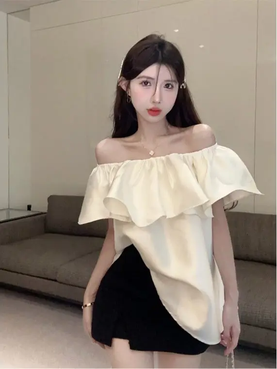 

Ele White Satin irt Женский свободный утягивающий топ Bell Sve на одно плечо, высококачественный модный повседневный топ