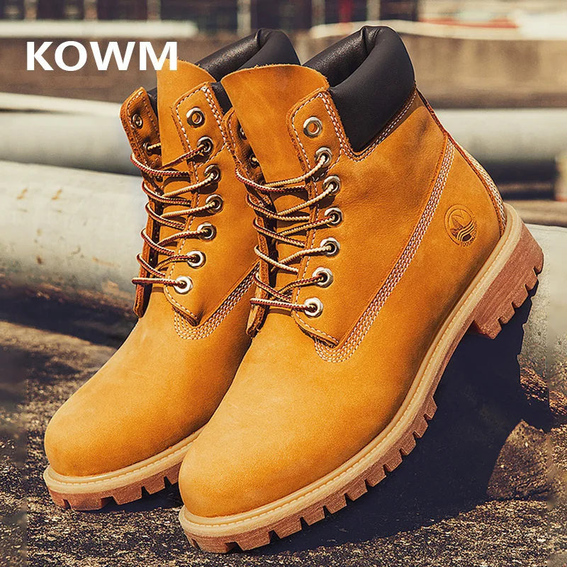 KOWM 2024 Hiking boots Men\'s High Help Work Suit Boots Cowhide Yellow Boots Cotton Shoes Climbing walking Boots ankle sneakers