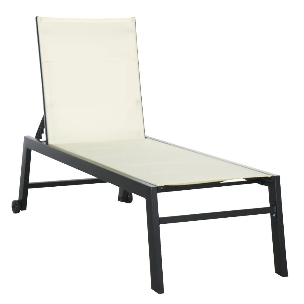 

White Outdoor Chaise Lounge with Wheels, Five Position Recliner for Beach Yard Patio Sunbathing SuntanningSteel Frame Breathable