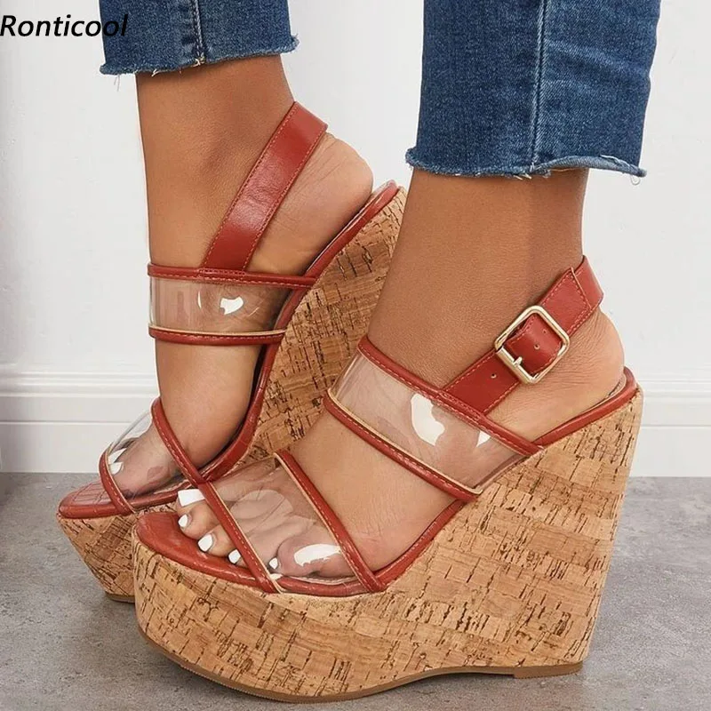

Ronticool Women Summer Slingback Sandals Wedges Heels Round Toe Beautiful Brown Casual Shoes Ladies US Plus Size 5-20