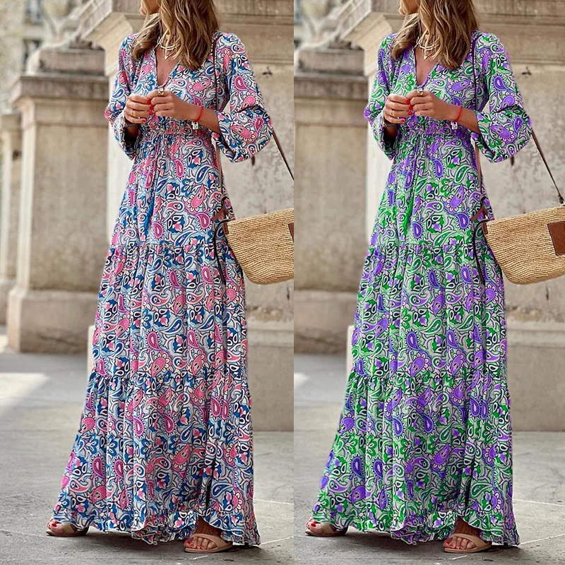 Fd937 Women's 2024 Autumn New Fashion V-neck Long sleeved Mid length Bohemian Dress