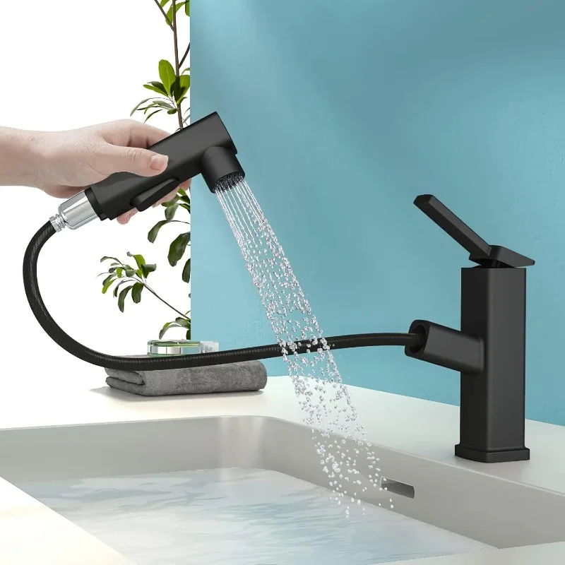 Single Hole Bathroom Faucet, Single Handle Modern Pull Out Bathroom Sink Faucet with 3 Water Flow Modes, Fountain Bathroom