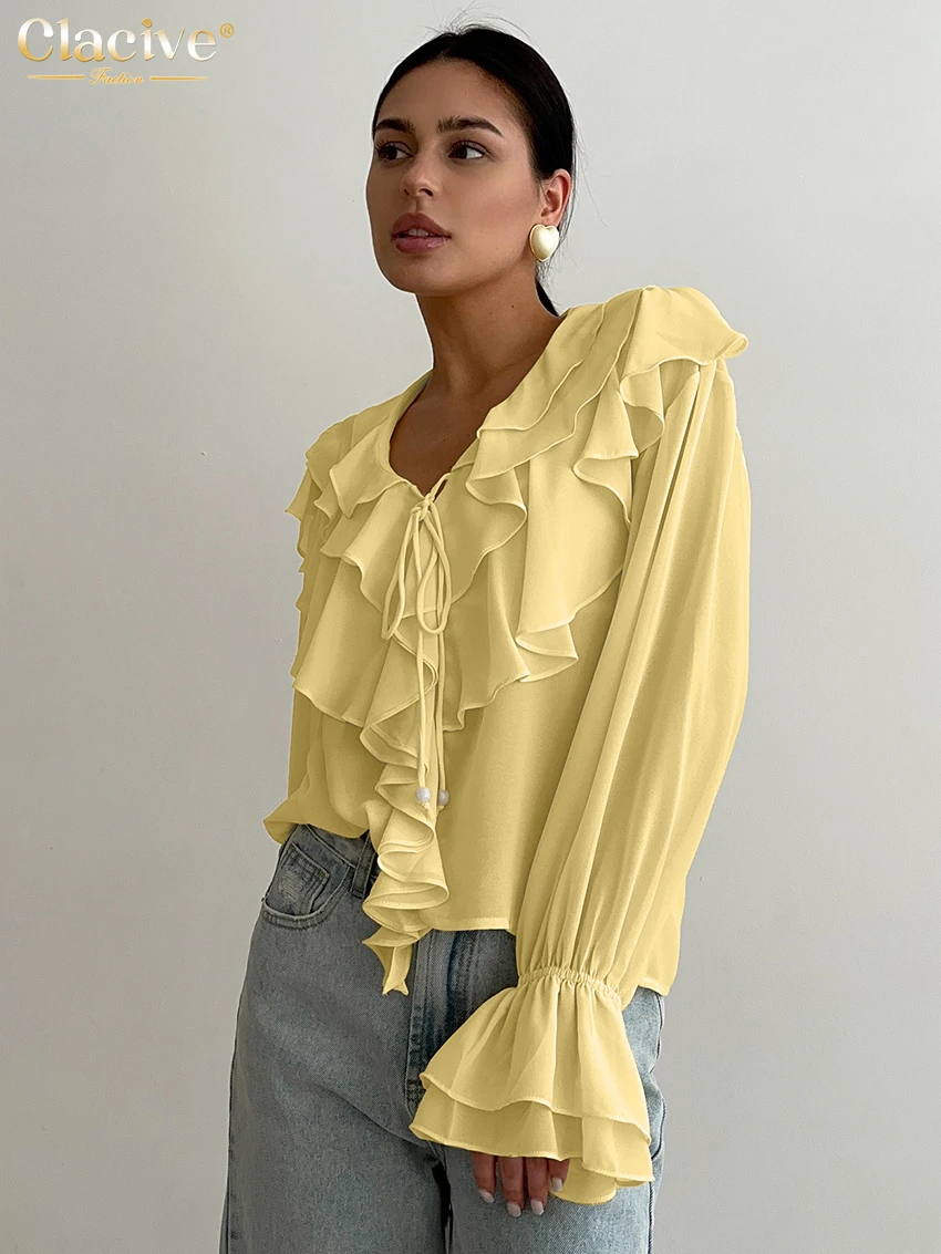 Clacive Fashion Loose White Women's Shirt 2025 Sexy V-Neck Long Sleeve Shirts Lady Elegant Classic Ruffle Top Female Clothing