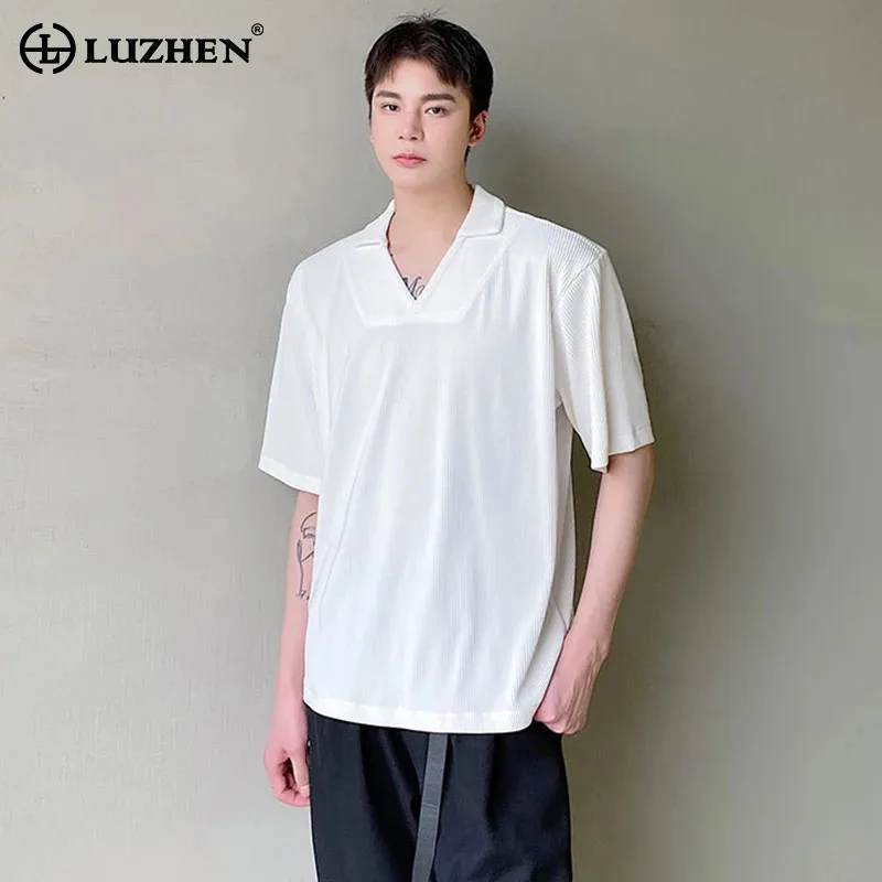 

LUZHEN 2025 Summer Handsome Elegant Short Sleeve T-shirts Men Original Lapel Solid Color Fashion Casual Tops Male Clothes JY2154