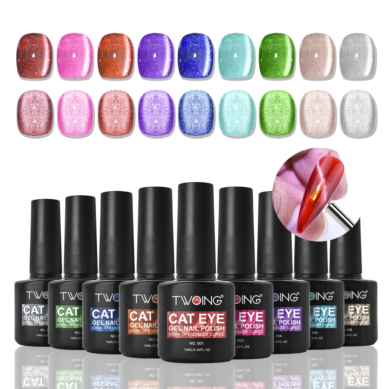 TWOING Cat Eye Gel Nail Polish 10ml, Magnetic UV LED Soak Off Gel Polish, Shimmer Glitter Long-Lasting Salon DIY Nail Art