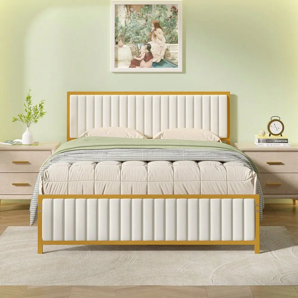 Queen Size Upholstered Bed Frame With Tufted Headboard Footboard, Heavy Duty Steel Slats Platform, No Box Spring Needed,Beige