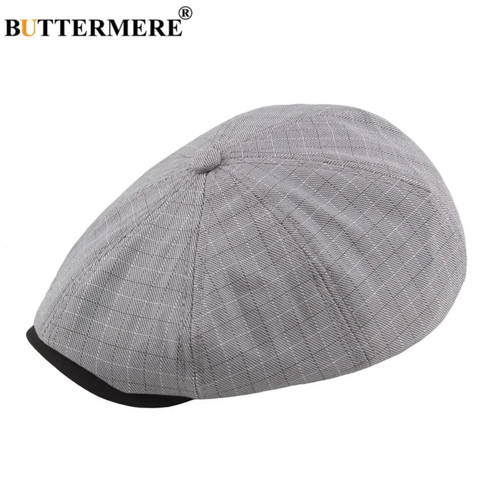 

BUTTERMERE Spring Summer Eight Piece Cap Gray Plaid Male Newsboy Cap Casual Cotton Patchwork Brand Ivy Mens Beret Flat Cap