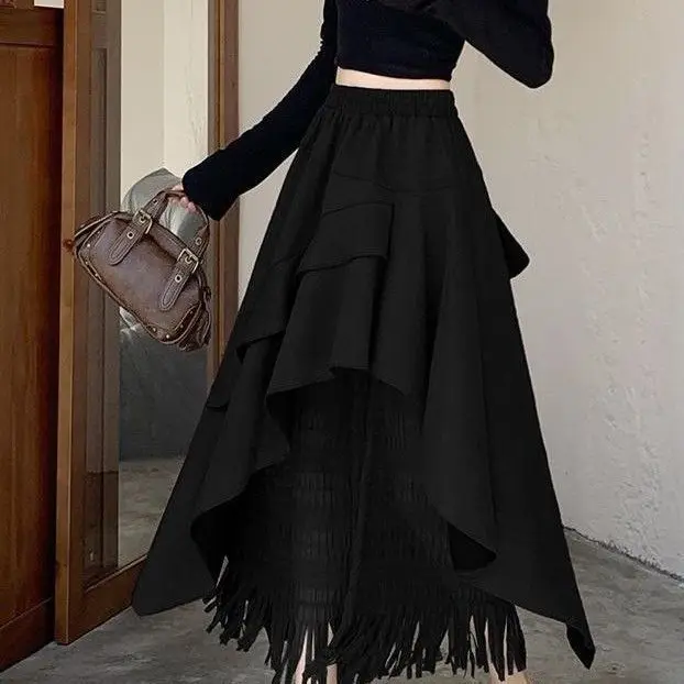 

Vintage Irregular Skirt for Women Autumn and Winter 2025 New Design High Waist Slimming Versatile A-line Tassel Design