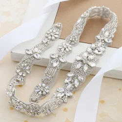 FZD (1PC) Rhinestones Bridal Silver Crystal Applique Gold Patches Beaded Belt Sew on Iron on Applique Trim for Wedding Dress DIY