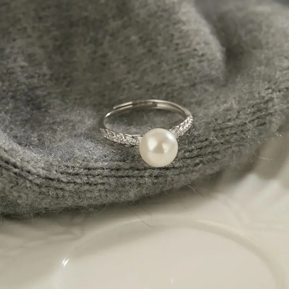 

Adjustable Wheat Ear Zircon Ring Fashion Exquisite Silver Open Finger Ring Sweet Light Luxury Imitation Pearl Ring Female