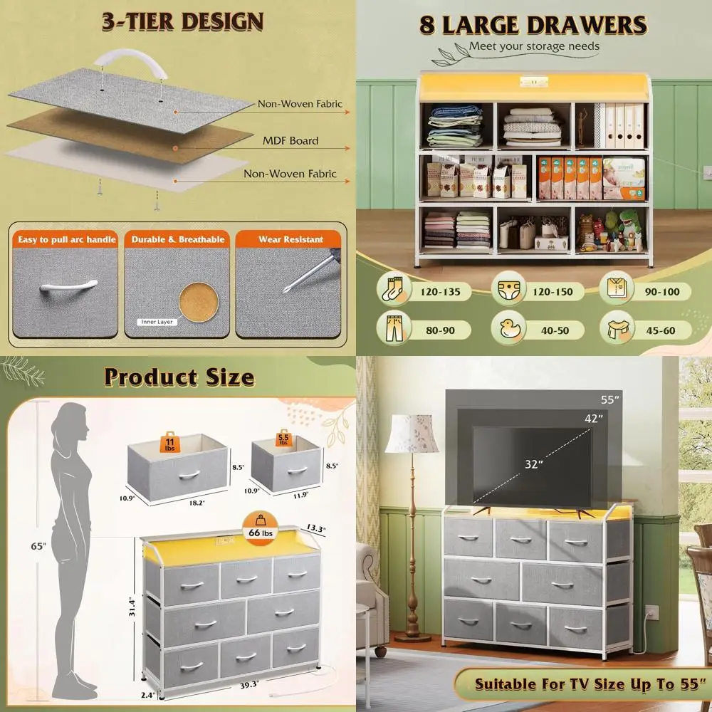 

Modern TV Stand with LED Lights, Power Outlets, Fabric Chest with Open Shelves, Wood Top, Steel Frame, 6 Drawer Dressers for Bed