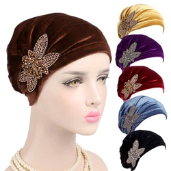 New Weomen Crystal Flower Velvet Turban Hat Velvet Bead Beanies Caps Elastic Chemo Hats India Cap Scarf Inner islamic head wrap