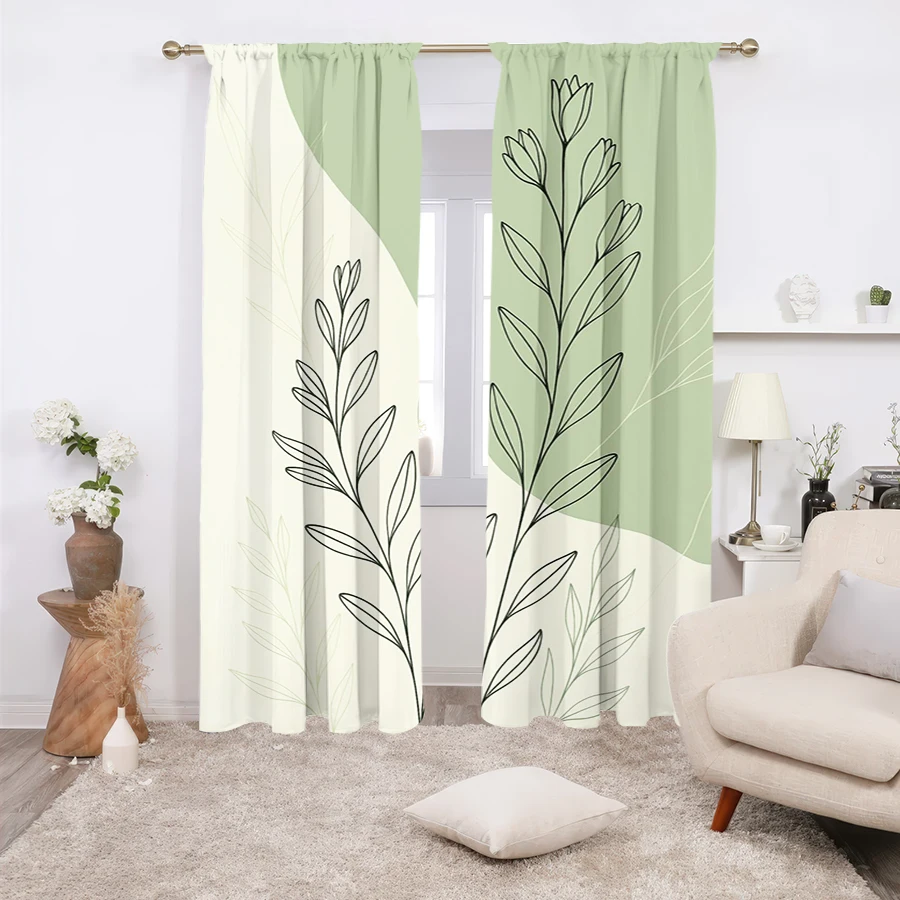 2PCS, Multicolor, Minimalist Leaf Line Art with Geometric Color Block Curtains, for Bedroom and Living Room, Rod Pocket Style