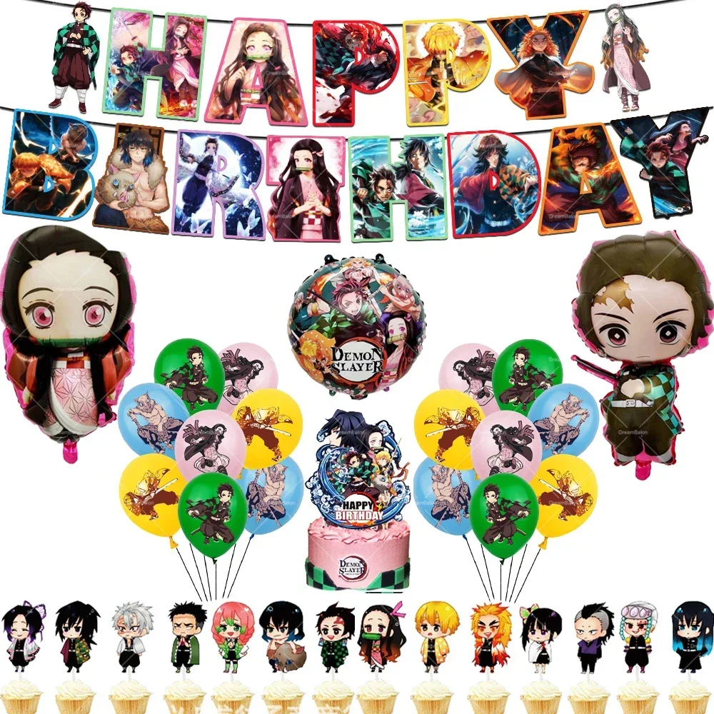 Demon Slayer Balloons Happy Birthday Banner Kimetsu No Yaiba Party Decoration Cup Disposable Tableware Anime Cake Topper Kid Toy